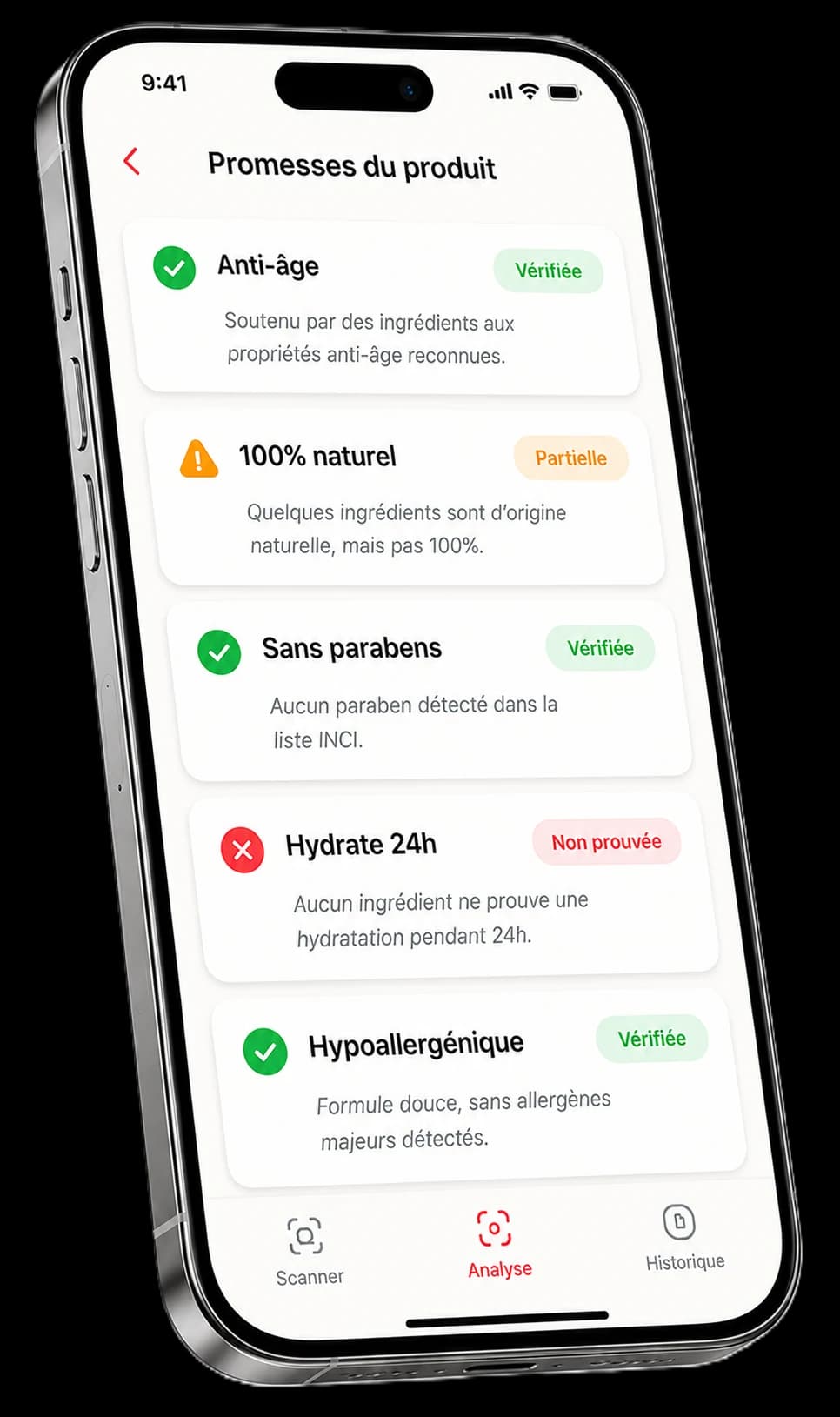 Écran d'analyse des promesses marketing dans l'application Cosme Check