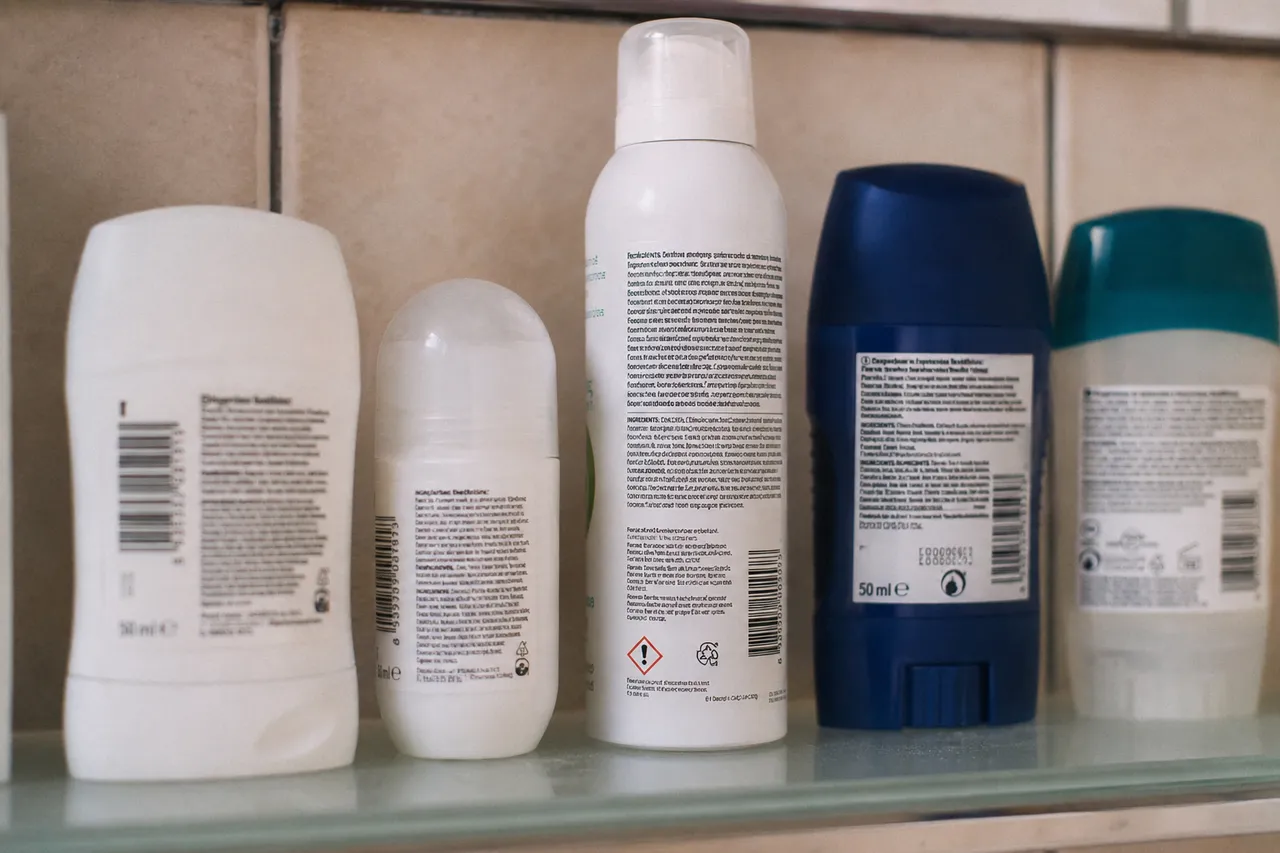 Plusieurs déodorants et anti-transpirants alignés : stick, roll-on et spray, avec étiquettes INCI visibles