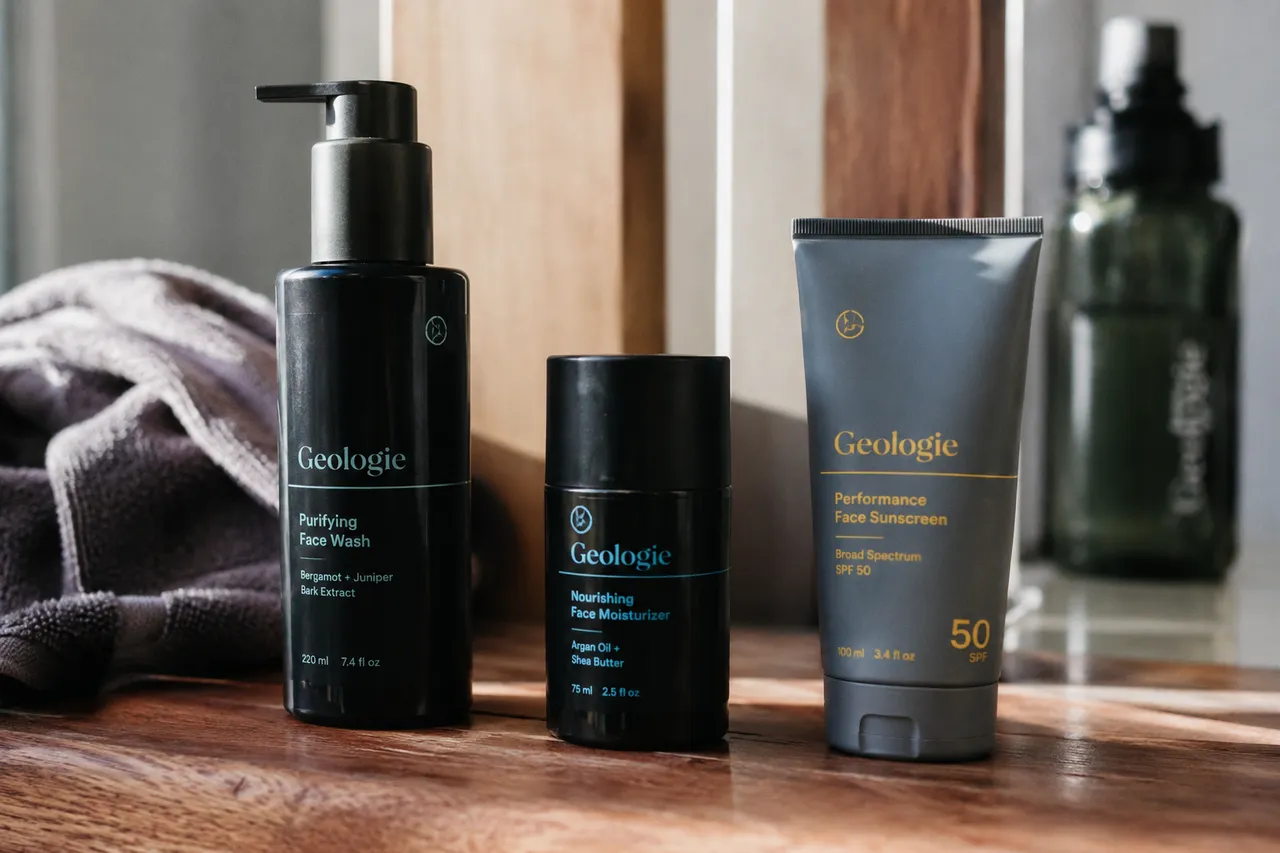 Routine de soin du visage masculine simple : nettoyant, crème hydratante et protection solaire posés côte à côte