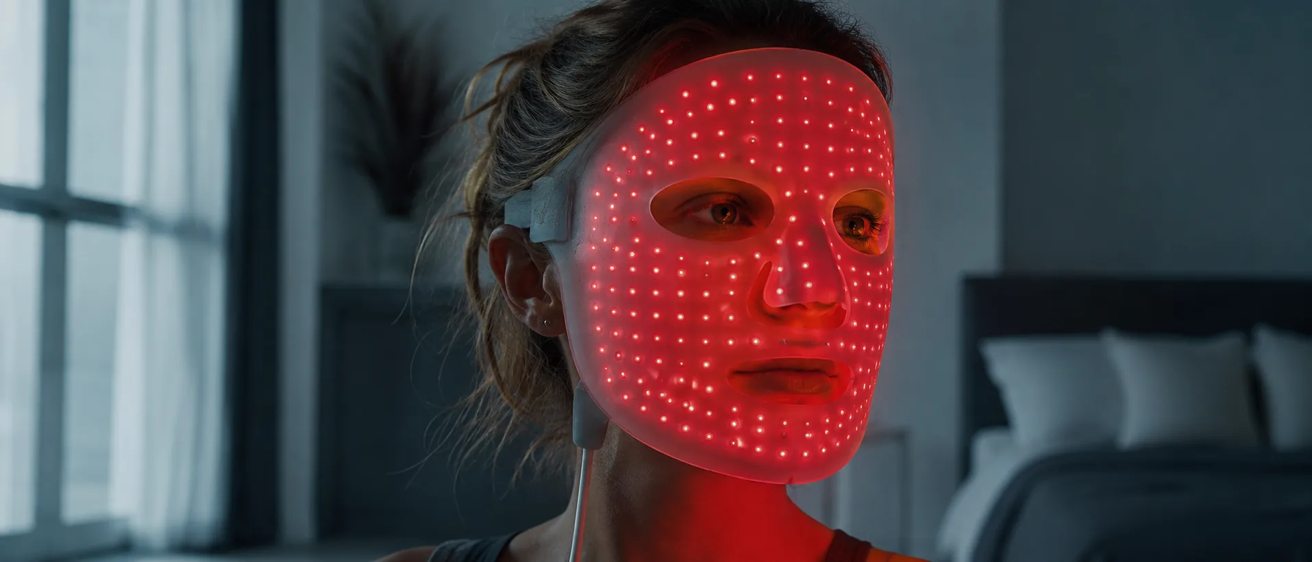 Femme portant un masque LED rouge pour un soin photobiomodulation à domicile
