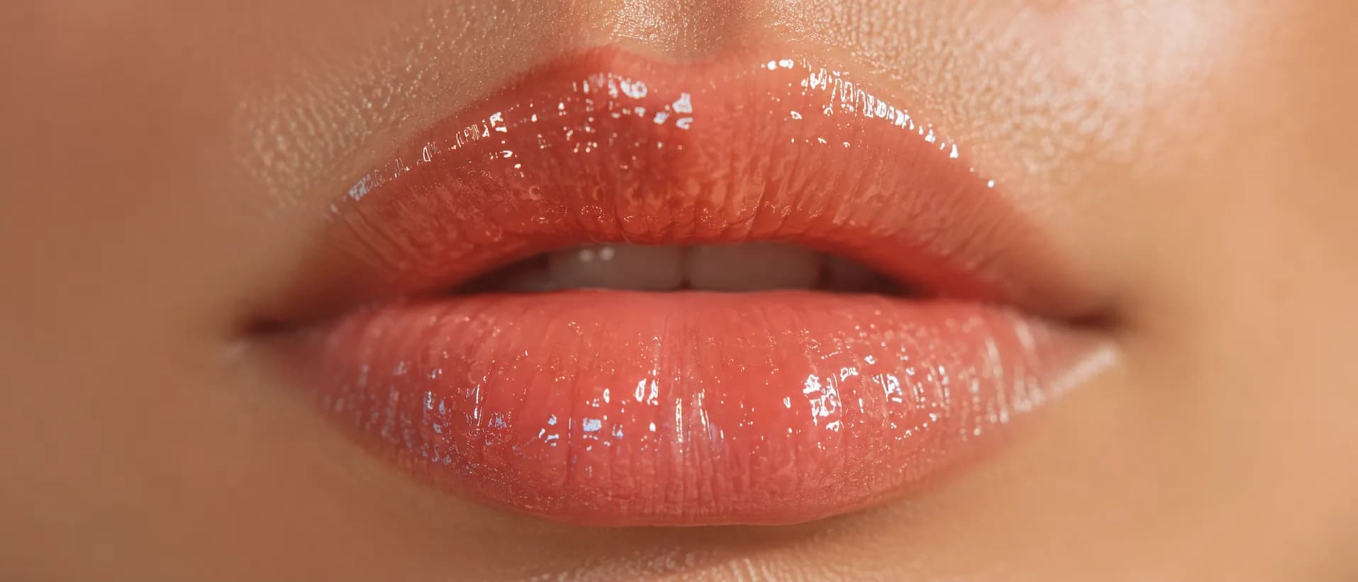 Application d'une huile à lèvres teintée avec applicateur, mise en avant de la texture brillante et fluide