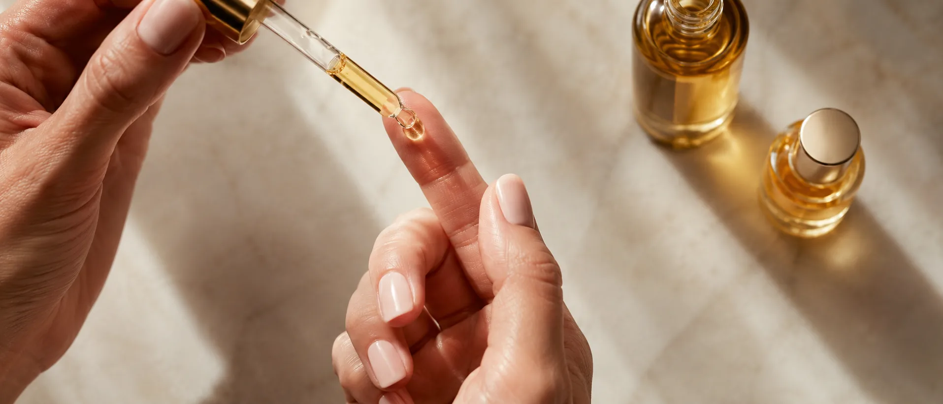 Application d'un sérum visage avec pipette en verre, illustration d'une routine skincare