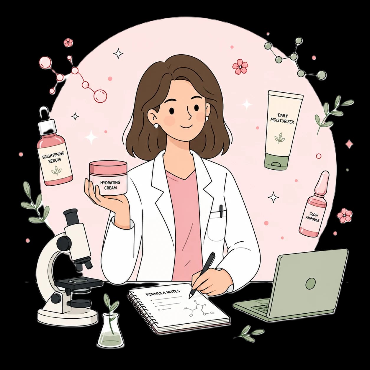 Une scientifique Cosme Check entourée de produits cosmétiques, illustrant la rigueur de l'analyse