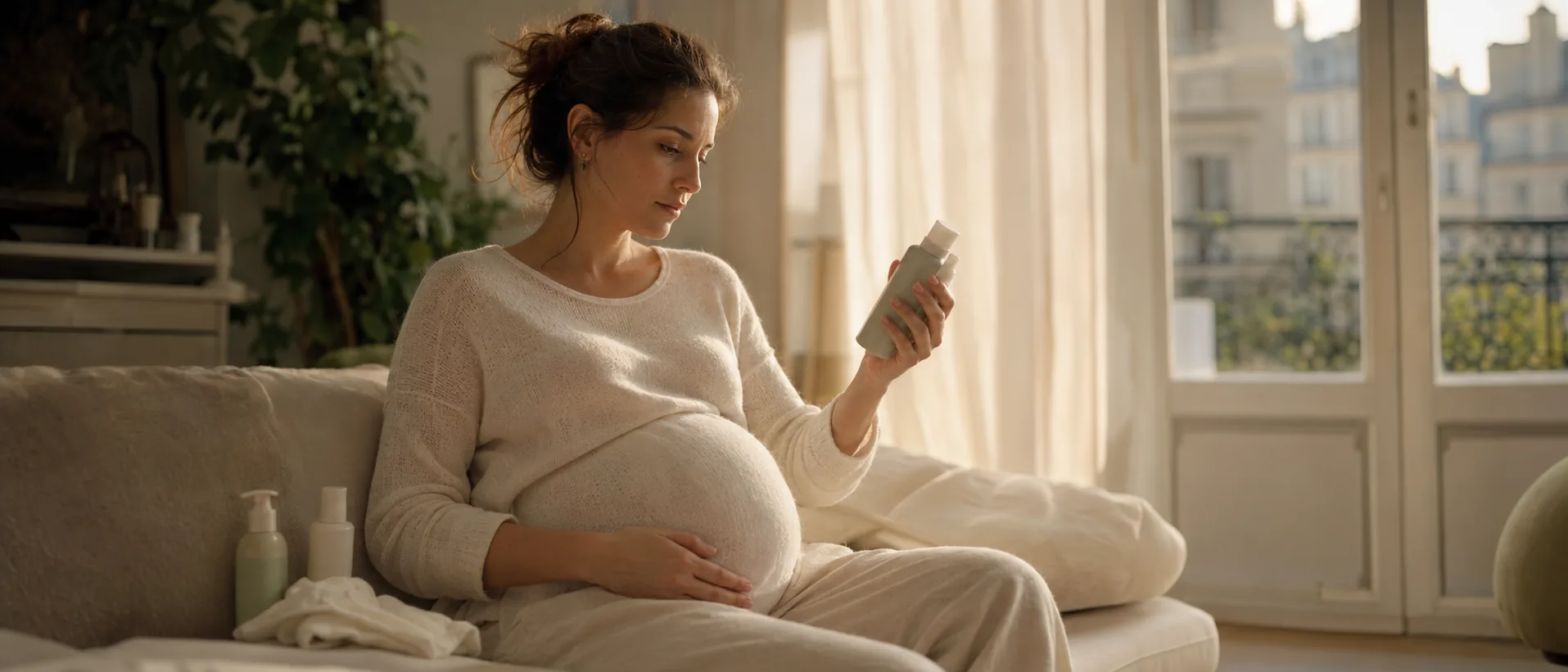 Femme enceinte examinant la composition d'un produit cosmétique, illustration de la vigilance pendant la grossesse