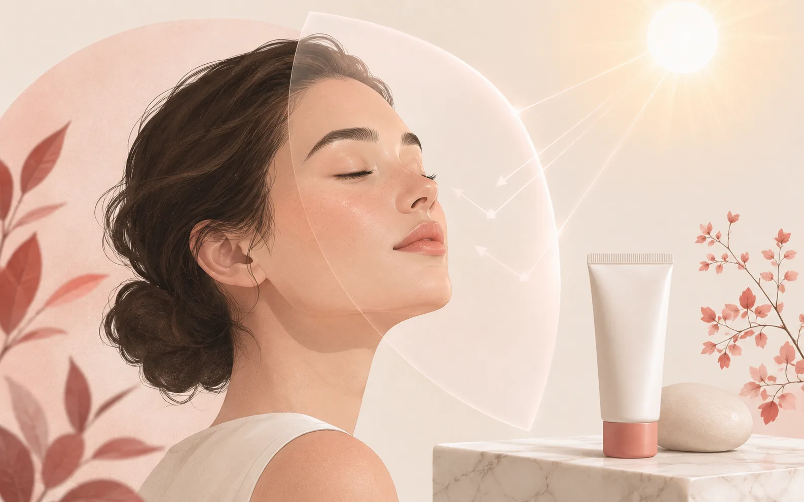 Femme appliquant une protection solaire visage SPF 50, illustration d'une routine quotidienne anti-UV